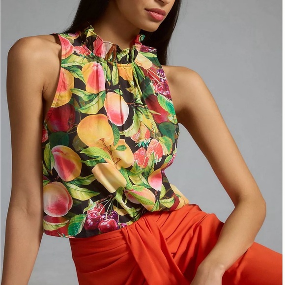 Anthropologie Tops - Maeve by Anthropologie Poplin Ruffle-Neck Halter Tank Fruit Tropical Print XS